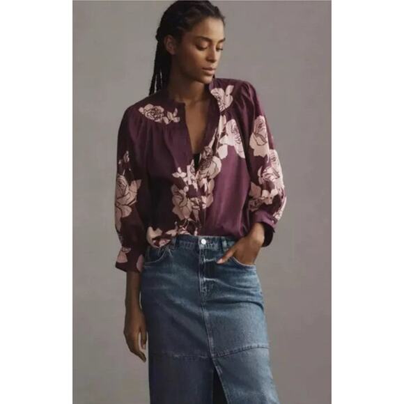 Anthropologie Maeve Women's Blouse Top Shirt Buttondown Dark Purple Floral M - Picture 2 of 8